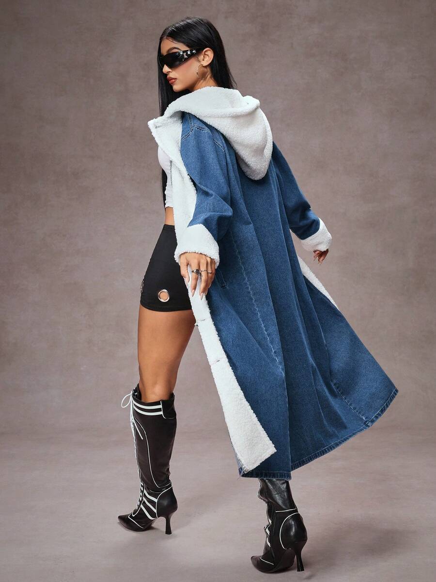 Jeanoix 女式秋冬拼布羊羔绒落肩单排扣休闲连帽牛仔夹克 - 藍色 - 查看 1