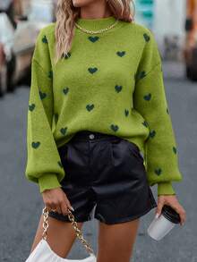 SHEIN LUNE Women's Heart Pattern Round Neck Drop Shoulder Long Sleeve Casual Loose Pullover Sweater, Autumn/Winter - Green - View 5