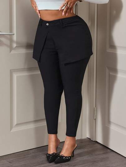 Rivivi Plus Size Women's Black Elastic Sexy Fitted Faux Skirt Edge Skinny Jeans, Spring Outfits