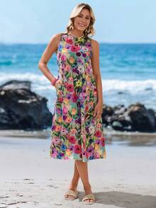 SHEIN LUNE Women's Casual Ditsy Floral Romantic Midi Dress, Suitable For Spring/Summer, Vintage Style Suitable For Going Out Chic Dress,Vacation - Multicolor - View 5