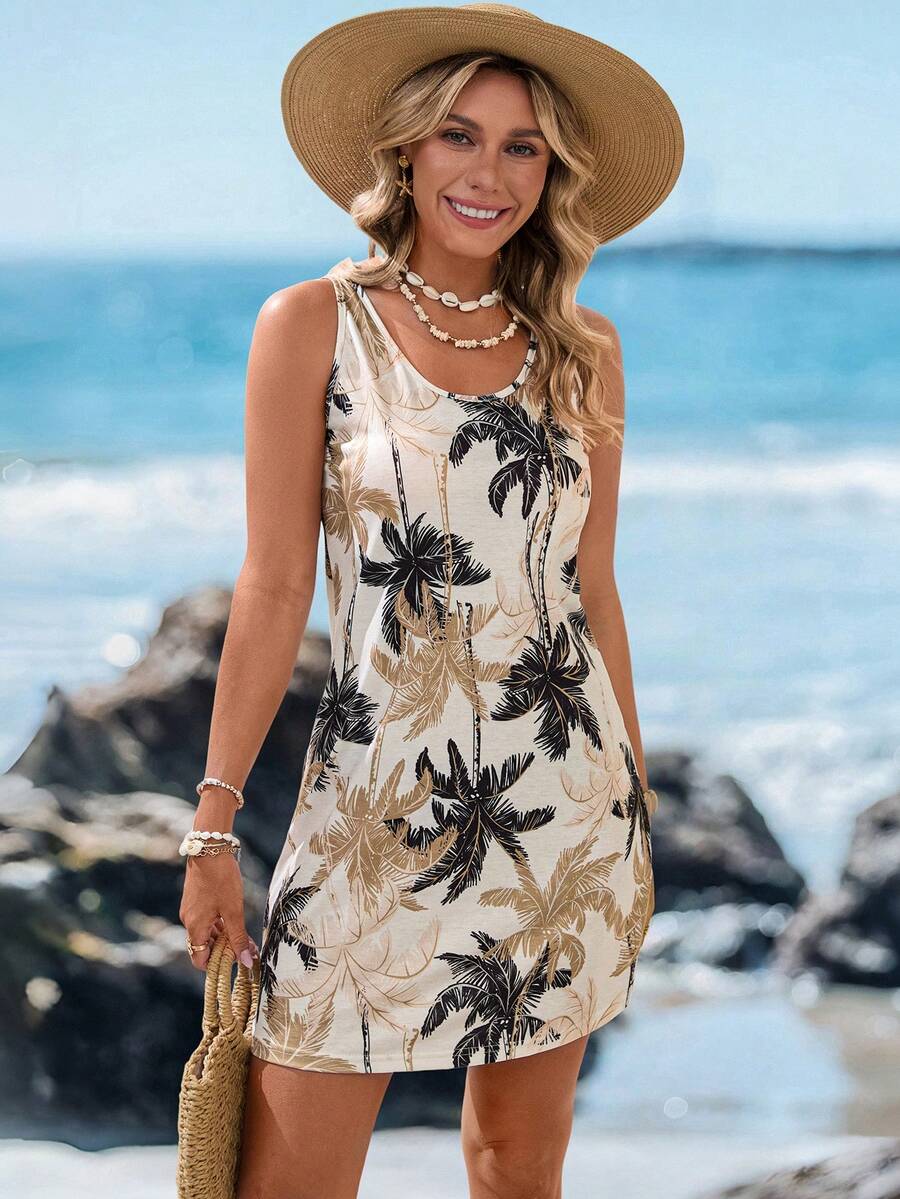 Sylviya 女士波西米亚风无袖迷你连衣裙，圆领热带棕榈印花，夏季连衣裙，度假连衣裙，夏威夷风情连衣裙，休闲女装，时尚连衣裙，度假装 - 彩色 - 查看 1