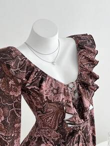 SHEIN Unity 1 件女士棕色印花深 V 领系带腰部荷叶边下摆休闲/工作连衣裙，秋季 - 棕色 - 查看 4