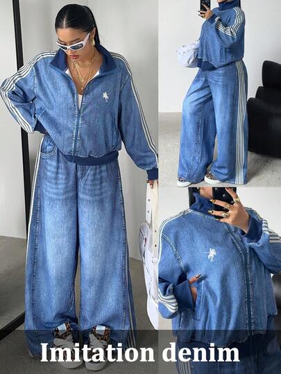 POPSWAY Plus Size Autumn/Winter Faux Denim Print Long Sleeve Zip-Up Jacket + Straight Leg Loose Faux Denim Print Pants, Elegant Retro Casual Resort Sports College 2-Piece Set