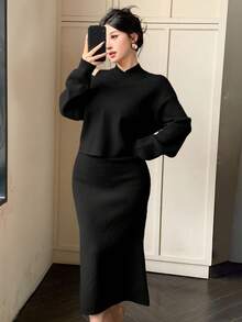 DAZY 两件套女士露肩长袖宽松针织毛衣套装 - 黑色 - 查看 2