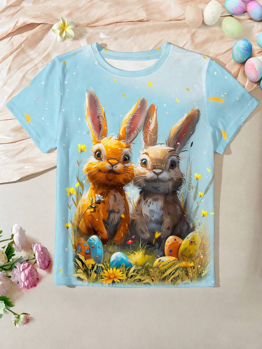SHEIN Women Casual Round Neck Short Sleeve Cute Rabbit Print T-Shirt, Easter Tee, Suitable For Spring And Summer - Multicolor - View 1