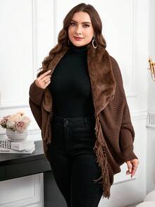SHEIN Clasi Áo khoác cardigan nữ cỡ lớn thanh lịch, màu nâu, viền tua rua, cổ áo lông mềm mại, ấm áp, thoải mái và mềm mại, phù hợp cho nhiều dịp, mẫu mới 2025, mùa đông, phong cách cổ điển, đi chơi, mùa thu. - màu nâu - Xem 6