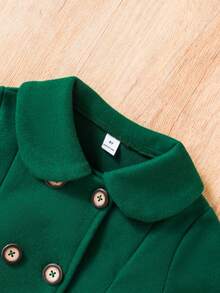 SHEIN Elladie kids Abrigo largo con cuello con volantes y doble botonadura para niñas jóvenes - Verde Oscuro - Ver 3