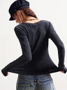 Bohemela 女士休闲纯色V领长袖修身水洗T恤 - 深灰色 - 查看 3