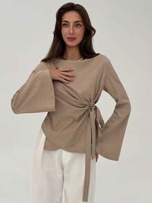 Aloruh Khaki Minimalist Office/Commute Boat Neck Flare Sleeve Tie Waist Women Blouse - Khaki - View 9