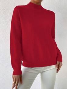 SHEIN LUNE 女士休闲日常通勤简约纯色高领落肩宽松套头毛衣，秋冬款 - Fiery Red - 查看 4
