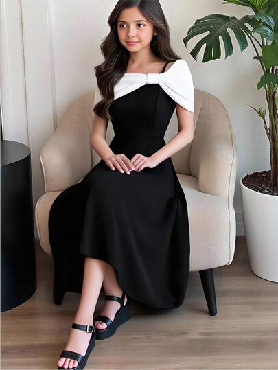 SHEIN Tween Girl Elegant Off-Shoulder Bow Decor Black & White Contrast Ruffle Hem Maxi Party Dress Black Dress With Bow Black And White Dresses Black Dresses Classy Elegant Dress Elegant Cute Black Dress