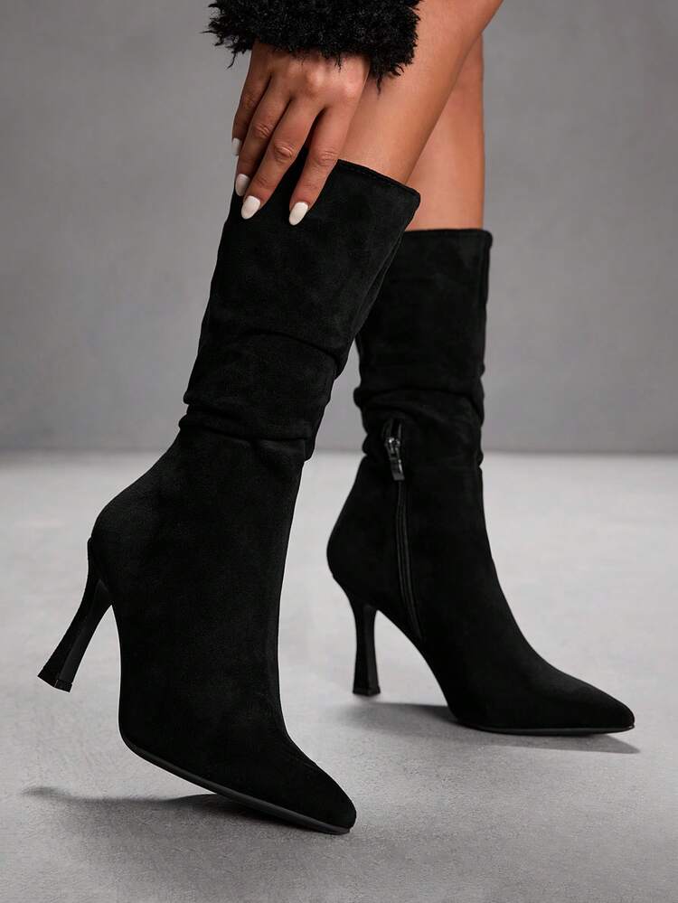 CUCCOO SZL Women's Fashion Pointed Toe Suede Mid-Calf Boots, Pleated Sexy Party Ankle Boots For Christmas Spring Shoes