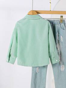 SHEIN 1 件女童翻领长袖纽扣条纹衬衫，正面绣有图案，秋季休闲上衣 - 綠色 - 查看 2