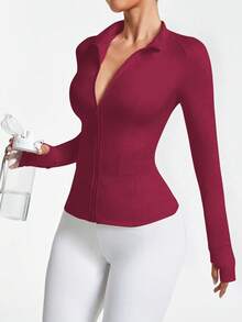 Core Rhythm 女式纯色长袖拉链修身运动夹克 - 酒紅色 - 查看 6