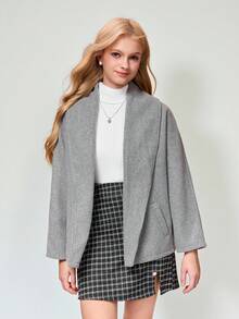 Sparklyn Teen Girl Urban Commuter British Retro Style Lapel Pocket Warm Gray Woolen Coat, Autumn/Winter