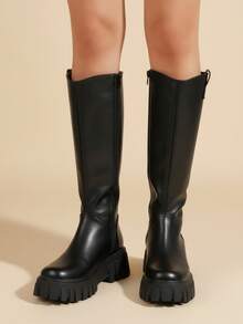 Bota alta femenina con suela gruesa antideslizante, punta redonda, cierre lateral, estilo minimalista urbano para diario - Negro brillante - Ver 2