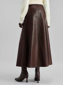 Ontre 2026春夏新款女士宽松A字PU皮裙，都市通勤商务优雅风 - 棕色 - 查看 3