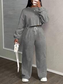 Slaydiva 秋冬大码休闲纯色上衣和裤子两件套 - 灰色 - 查看 1