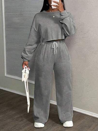 Slaydiva 秋冬大码休闲纯色上衣和裤子两件套