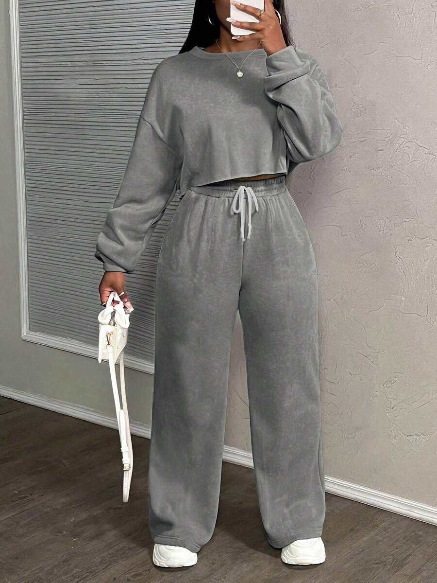 Slaydiva 秋冬大码休闲纯色上衣和裤子两件套 - 灰色 - 查看 1