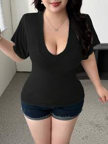 Vibekara 深V领收腰休闲女式上衣T恤 - 黑色 - 查看 5