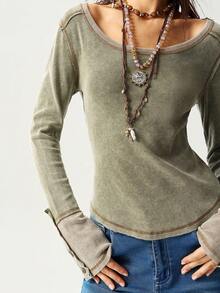 Bohemela Áo thun nữ cổ tròn tay dài ôm vừa vặn - màu xanh lá - Xem 4