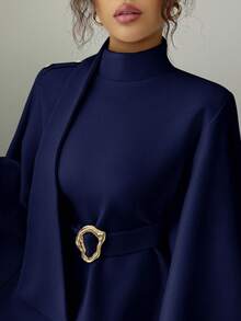Elenzga Elegant Commuter Solid Color Stand Collar Cape Overcoat - Navy Blue - View 6