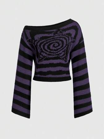 Grunge Punk Pull mode à manches longues avec épaules asymétriques, motif rayé pentagramme pour femmes