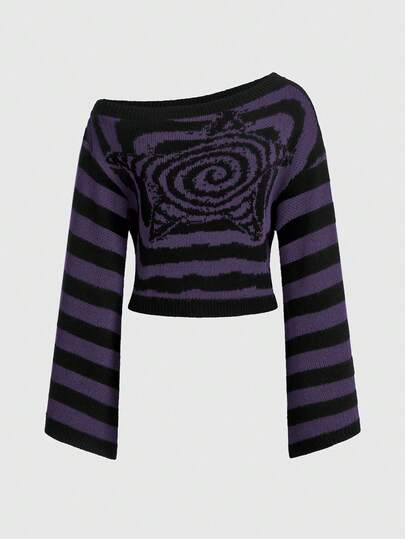 Grunge Punk Jersey de manga larga con hombros asimétricos, patrón de rayas y pentagrama de moda para mujer