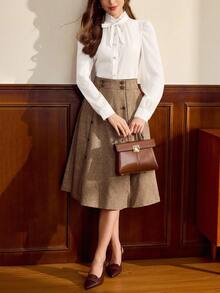 Vintamour 复古经典优雅女士衬衫，秋冬修身提花衬衫，正面饰有蝴蝶结，长袖，杏色 - 白色 - 查看 4