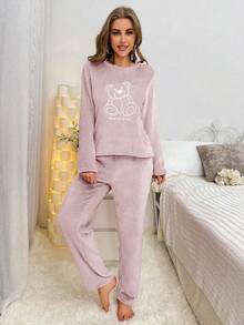 Bộ đồ ngủ mùa đông ấm áp, chất liệu flannel, gồm áo dài tay và quần, họa tiết gấu. - Màu Hồng  San hô - Xem 5