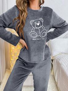 熊图案刺绣法兰绒长袖上衣和长裤睡衣套装，蓬松冬装 - 淺灰紫 - 查看 4