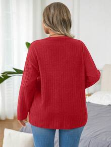 Elenzga Plus Size Women Faux Pearl Decor Cutout Shoulder Long Sleeve T-Shirt, Autumn For Spring - Red - View 2