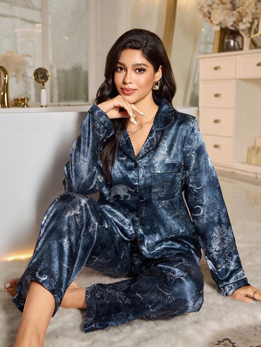 LuxeNights 女士优雅藏蓝色缎面长袖睡衣裤套装，翻领带口袋，冬季服装 - 藏蓝色 - 查看 1