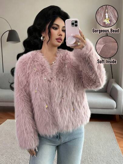 Rafferiza Fashionable Heavy-Duty New Black & White Short Fluffy Jacket, Elegant Design For Women, Autumn/Winter