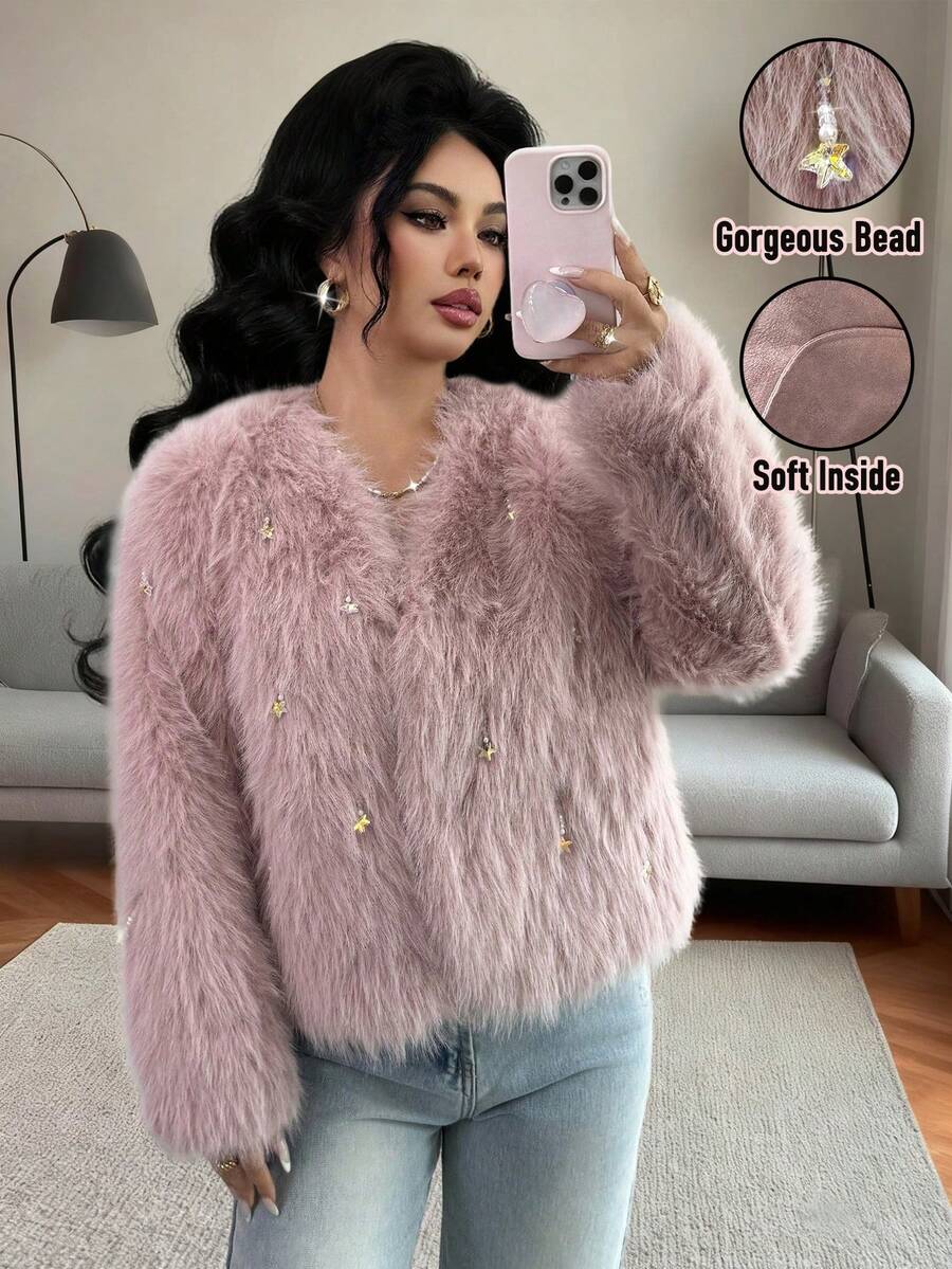 Rafferiza Fashionable Heavy-Duty New Black & White Short Fluffy Jacket, Elegant Design For Women, Autumn/Winter