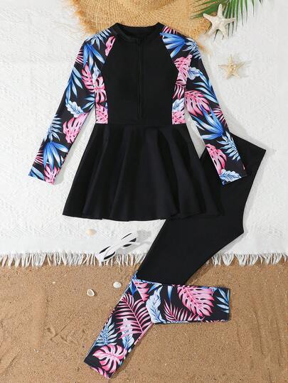 Tween Girls Tankinis,Girls Outfit Sets,Traditional Arabic Clothing Style, Middle Eastern Style Long-Sleeved Shirt And Long Pants Set, Two-Piece Sun-Protective Swimsuit: Top: Dress-Style Swimsuit, Solid Color Long-Sleeved Round-Neck Top, Long-Sleeved Tropical Print Athletic Swimsuit With Zipper Closure; Bottoms: Solid Color And Printed Patchwork Long Pants. Stylish Summer Swimwear, Girls' Sun Protection Suit, Elegant Girls' Swimsuit.