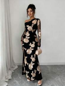 SHEIN Raffinéa 女士提花网纱不对称开衩连衣裙 - 黑色 - 查看 7
