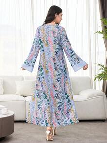 SHEIN Najma 优雅印花长袖宽松阿拉伯风格女式连衣裙 - 彩色 - 查看 2