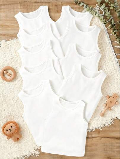 SHEIN 10pcs Young Boy Comfortable Casual Sleeveless Undershirt Vest, Simple Design Style For Easy Matching, Stretchy And Breathable Knit Fabric, Machine Washable, Comfortable Fit, And Easy Care (5pcs Sold Separately)