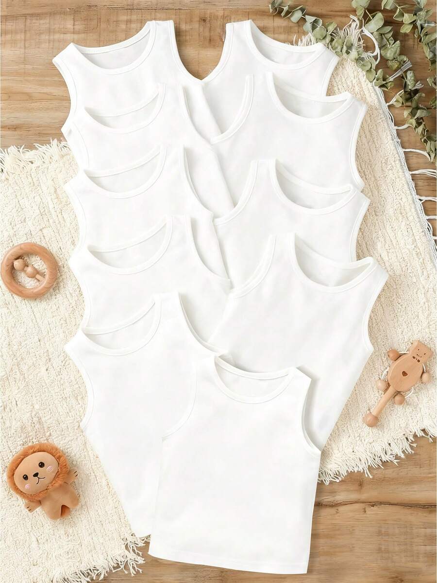 SHEIN Vintaside Kids 10件装男童舒适休闲无袖打底背心,简约设计,易于搭配,弹力透气针织面料,可机洗,穿着舒适,易于打理(5件单独出售) - 白色 - 查看 1