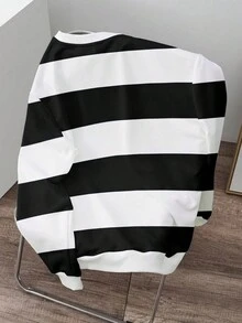 Manfinity Hypemode Herren Große Größen Lässig Farbblock gestreifter Pullover Sweatshirt, Herbst/Winter, Langarm Oberteil - Schwarz und Weiss - Übersicht 2