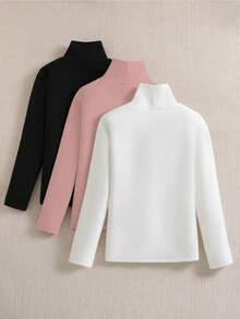 SHEIN 3件套青少年女孩休闲猫咪印花高领长袖保暖内衬T恤 - 彩色 - 查看 2