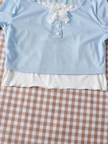 SHEIN 温柔甜美休闲套装，浅蓝色条纹蕾丝面料，两件套，时尚舒适，简约百搭，适合户外休闲娱乐，室内外皆宜。浅蓝色调搭配蕾丝装饰，阔腿直筒裤，无绒面料，轻薄透气，适合夏秋两季穿着。 - 藍色 - 查看 5