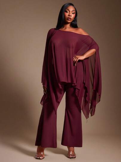 SHEIN SXY Plus Size Women Sexy Elegant Sheer Asymmetrical Mesh Poncho Top And Matching Flare Pants 2 Pieces Set,New Years Eve Christmas Party Red Wide Leg Pants Set Blouse And Pants Set Wedding,Suitable For Banquet,Feast,Dinner Party,Prom,Ball,Urban,Sexy Office Siren,Cruise Attire,Vintage,Festival,Concert,Carnival,Outing,Richly Layered,Holiday,Date Night,Gathering,Birthday,Bachelorette Party Outfit ,Cocktail,Formal Event,Modest,Chic,NightClub,Cute,Casul,Going Out,Coquette,Flatter The Figure