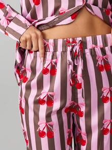 MISSGUIDED Bộ đồ ngủ sọc in họa tiết quả anh đào cài nút cho nữ Quần ngủ dài Quà tặng Giáng sinh - Nhiều màu - Xem 4