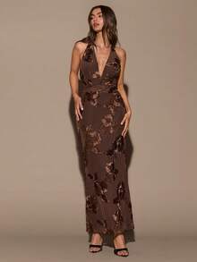 SHEIN BAE 纯色卡其色、咖啡色、棕色花卉图案深V领鱼尾下摆针织连衣裙，适合秋冬季叠穿，也适合鸡尾酒会、浪漫约会、正式聚会、伴娘礼服、晚礼服、万圣节和圣诞节等场合。 - 棕色 - 查看 5