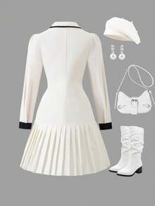 少女撞色饰边纽扣前褶优雅长袖连衣裙 - 白色 - 查看 2