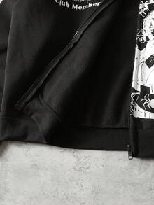 ROMWE MEN Men's Fleece Collar Anime Printed Hooded Cardigan, Loose Fit - Black - View 5