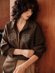 Zovinel Women's Minimalist Autumn Long-Sleeved Rhinestone Blouse - Coffee Brown - View 8